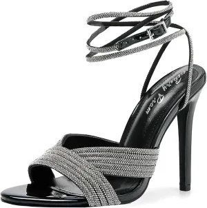 Womens Rhinestone Slingback Sandals Ankle Strap 4.3" Stiletto Heel Open Toe Wedding Party Nightclub Shoes