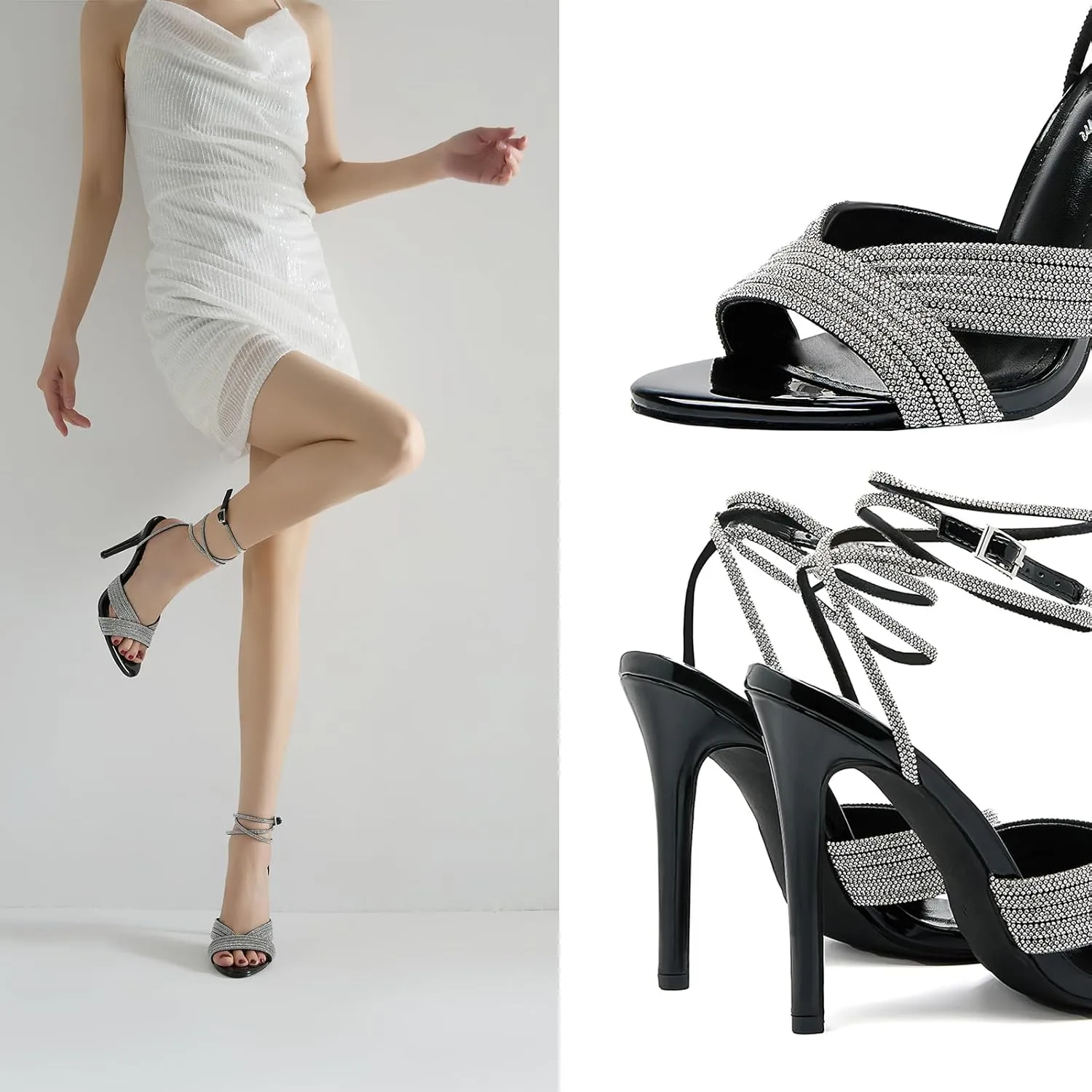 Womens Rhinestone Slingback Sandals Ankle Strap 4.3" Stiletto Heel Open Toe Wedding Party Nightclub Shoes