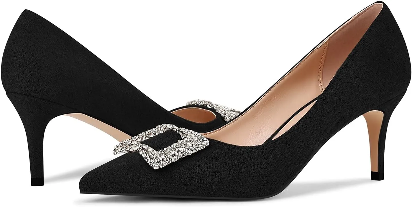 Women's Rhinestones Buckle Pumps Pointed Toe Kitten Heels Dress Shoes