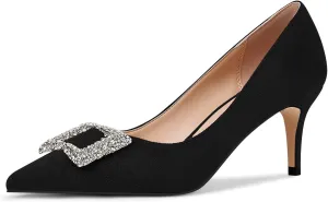 Women's Rhinestones Buckle Pumps Pointed Toe Kitten Heels Dress Shoes