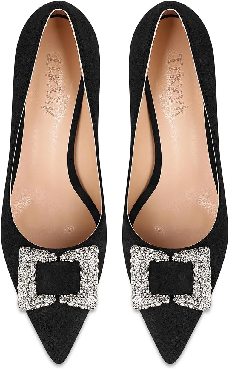 Women's Rhinestones Buckle Pumps Pointed Toe Kitten Heels Dress Shoes