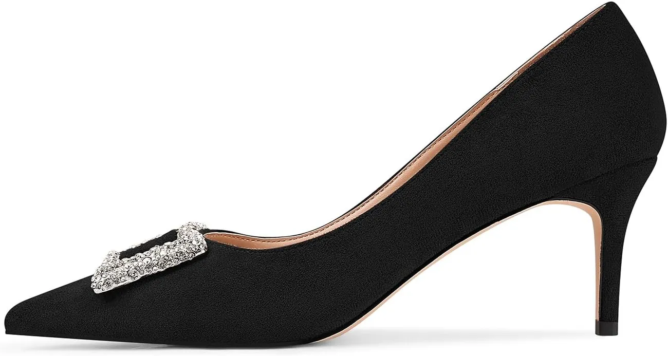 Women's Rhinestones Buckle Pumps Pointed Toe Kitten Heels Dress Shoes