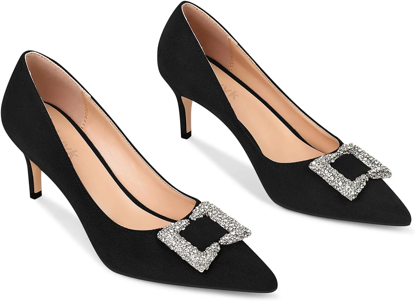 Women's Rhinestones Buckle Pumps Pointed Toe Kitten Heels Dress Shoes