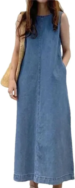 Women's Sleeveless Denim Long Dress Fashionable Round Neck Sleeveless Pocket Denim Skirt