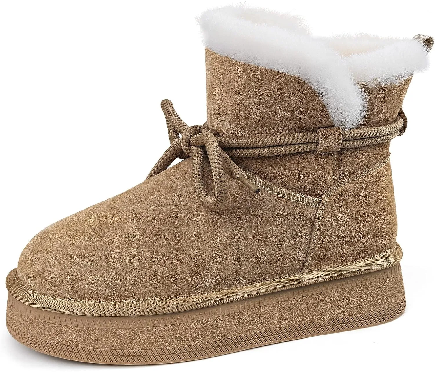 Womens Snow Boots Genuine Suede Faux Fur Lining Warm Lace Up Walking Boots Anti-Slip Cozy Outdoor Ankle Boots