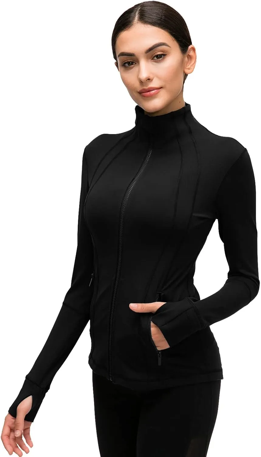 Womens Sports Running Yoga Jacket Slim Fit Full Zip Track Jacket Turtleneck Workout Jacket