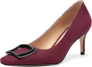 Women's Stiletto High Heel Square Toe Pumps, Sexy Party Closed Toe Classic Dress Heeled Shoes with Square Buckle 2.5in