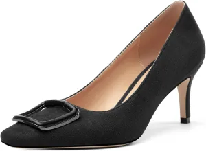 Women's Stiletto High Heel Square Toe Pumps, Sexy Party Closed Toe Classic Dress Heeled Shoes with Square Buckle 2.5in