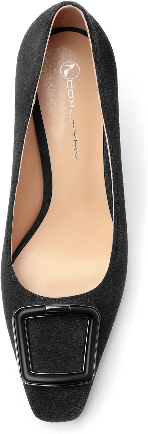 Women's Stiletto High Heel Square Toe Pumps, Sexy Party Closed Toe Classic Dress Heeled Shoes with Square Buckle 2.5in