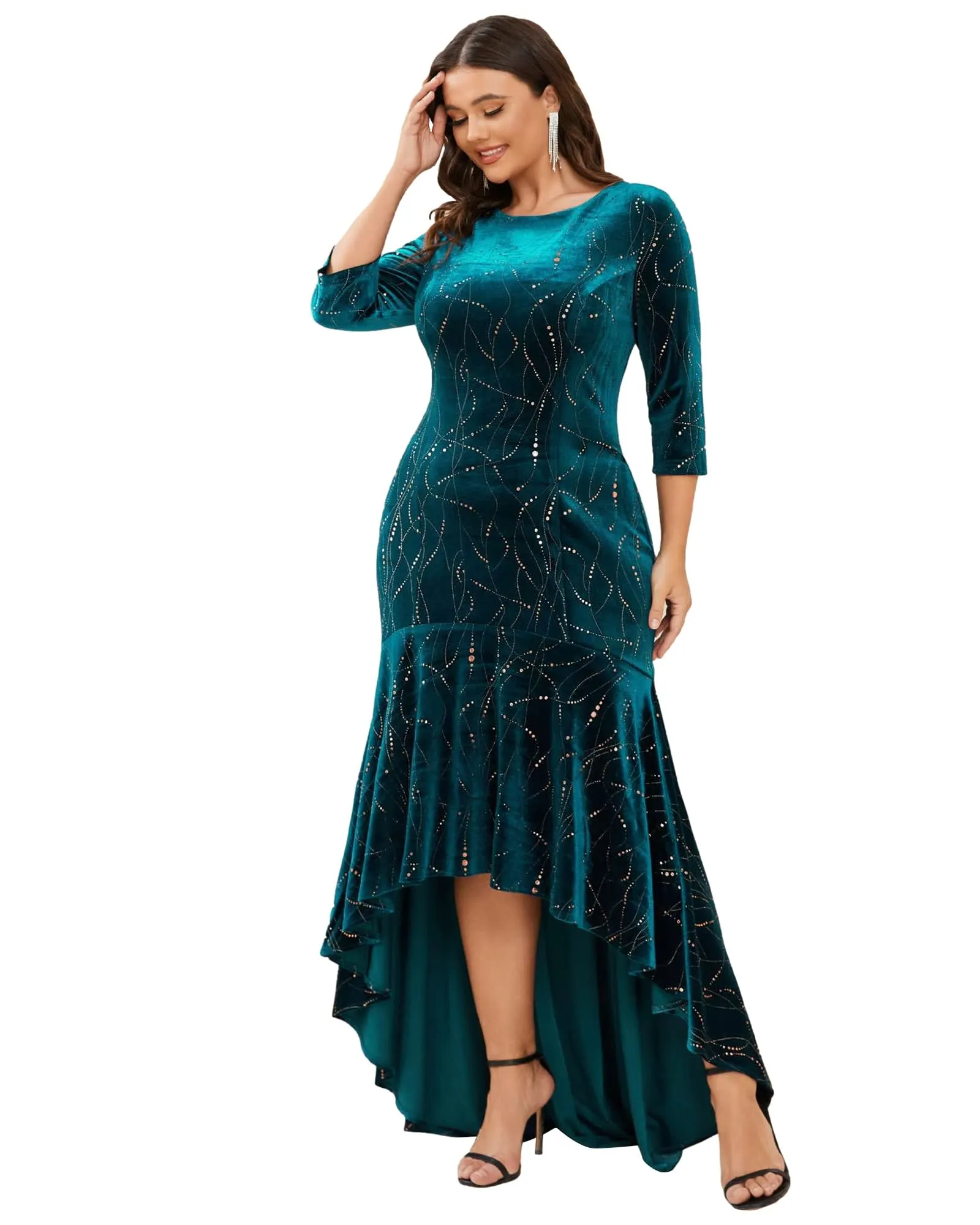 Women's Stylish Bodycon High-Low Velvet Party Dress | Teal