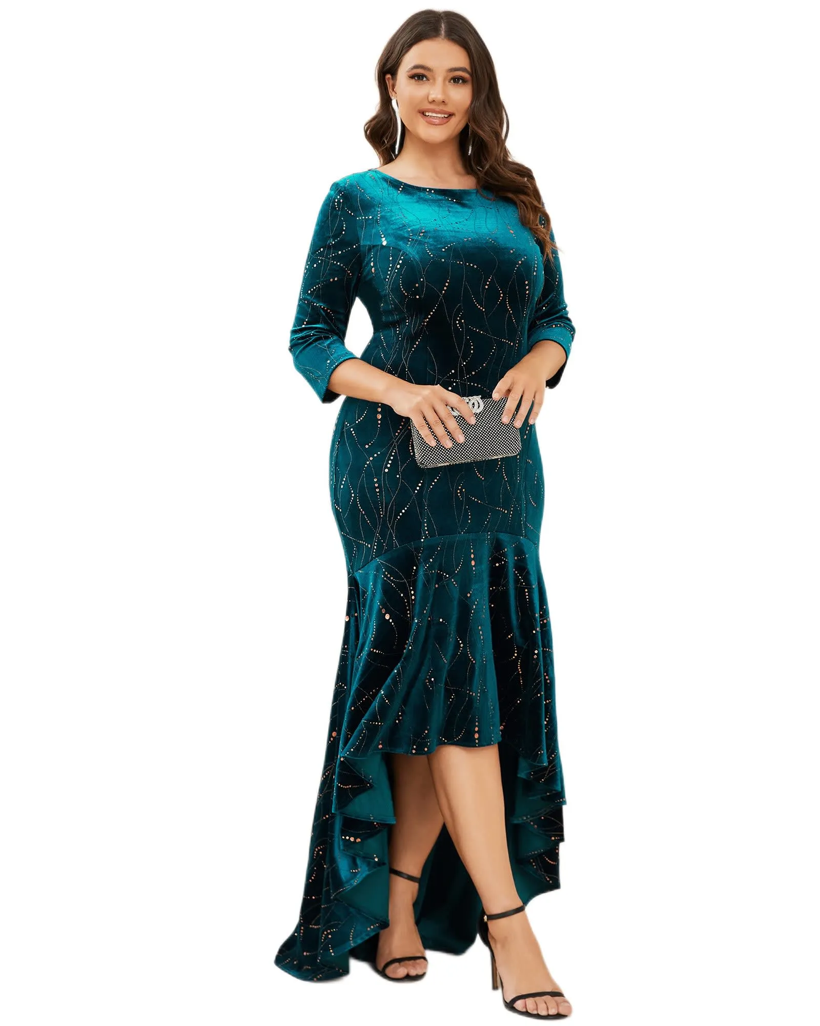 Women's Stylish Bodycon High-Low Velvet Party Dress | Teal