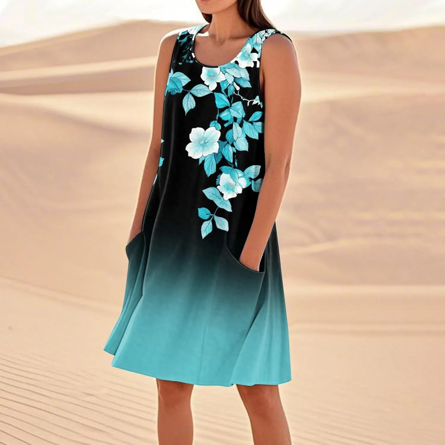 Women's Summer Cotton Linen Midi Dress Sleeveless Boho Beach Tank Dresses Plus Size Loose Comfy Dress with Pocket