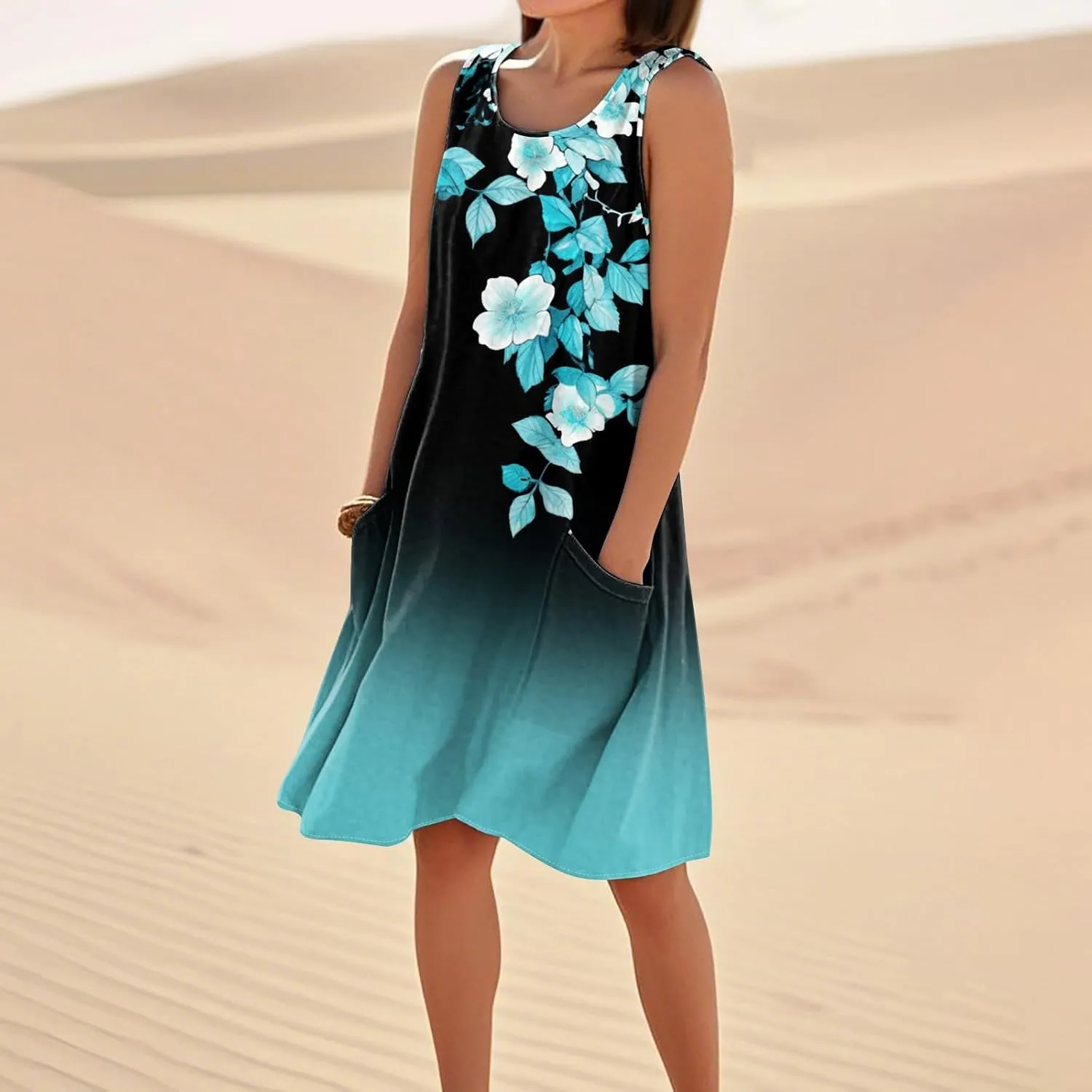 Women's Summer Cotton Linen Midi Dress Sleeveless Boho Beach Tank Dresses Plus Size Loose Comfy Dress with Pocket