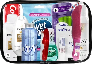 Womens Travel Toiletry Kit, 12 Travel-Size Hygiene Essentials for Bath, Shaving, Personal Care in TSA-Compliant Transparent Bag, Mini Toiletries Kit for Business, Charity, Mother's Day Gift
