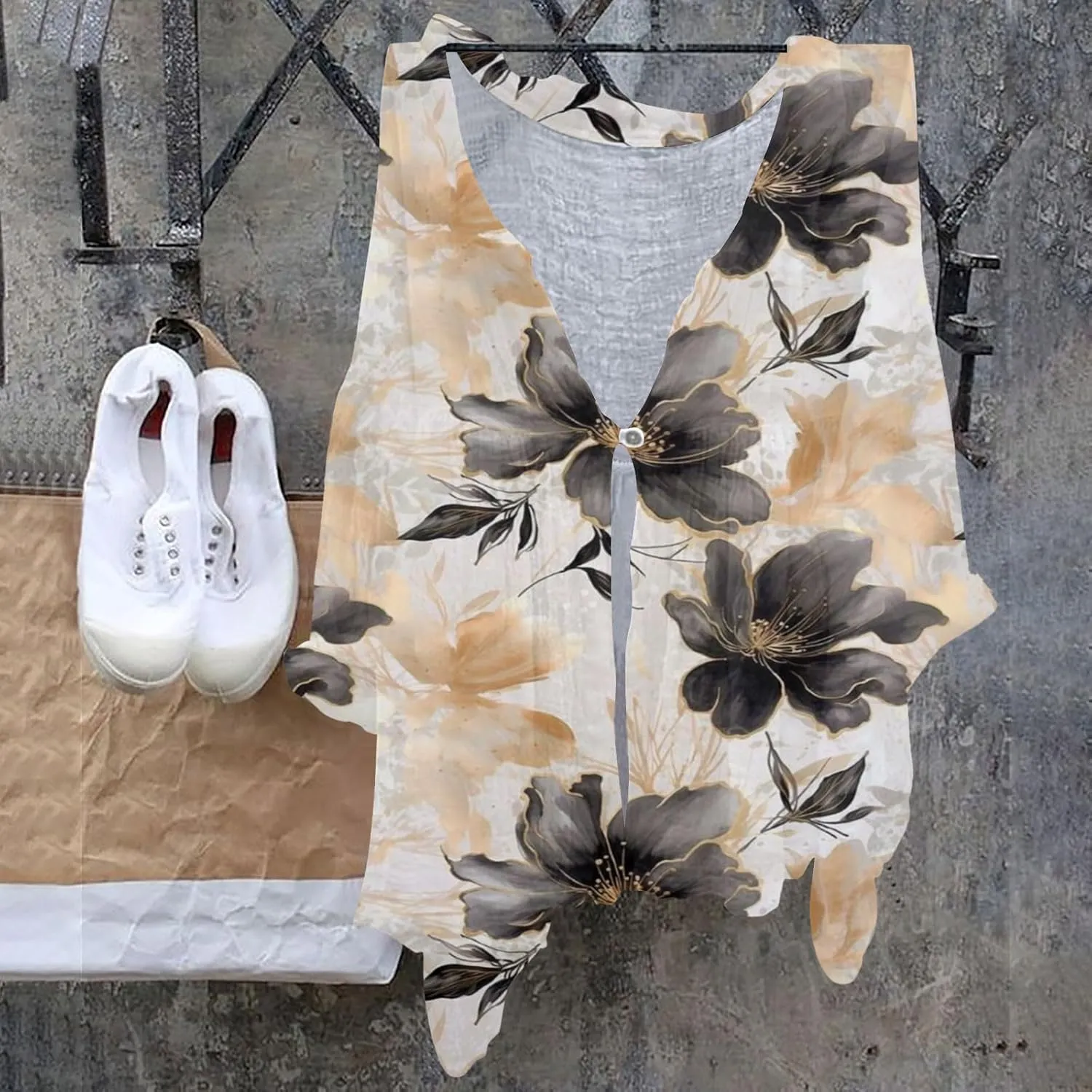Womens V Neck Blouses Tops Women's Floral Butterfly Print Natural Autumn Casual Long Sleeve Loose Fit Collared White