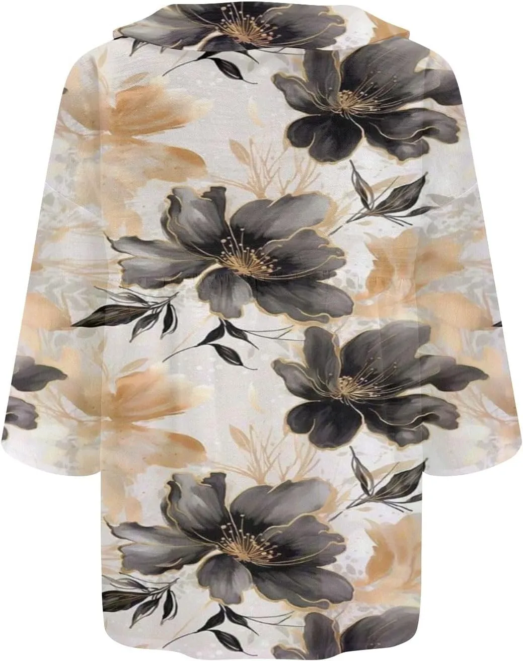 Womens V Neck Blouses Tops Women's Floral Butterfly Print Natural Autumn Casual Long Sleeve Loose Fit Collared White
