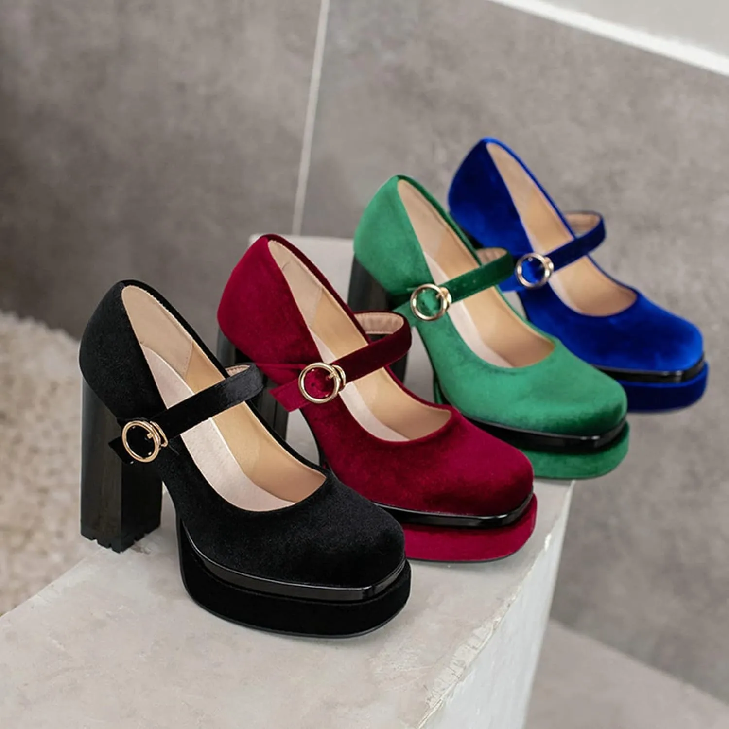 Womens Velvet Mary Jane Pumps Platform High Chunky Heel Square Toe Ankle Strap Dressy Party Shoes