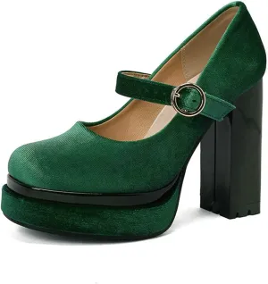 Womens Velvet Mary Jane Pumps Platform High Chunky Heel Square Toe Ankle Strap Dressy Party Shoes