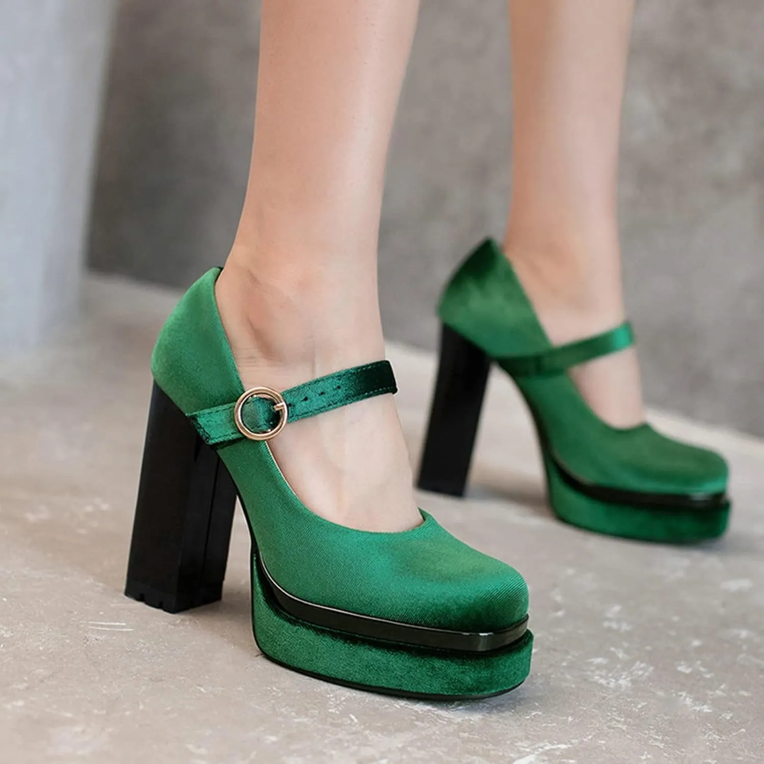 Womens Velvet Mary Jane Pumps Platform High Chunky Heel Square Toe Ankle Strap Dressy Party Shoes
