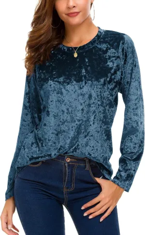 Women's Vintage Velvet T-Shirt Casual Long Sleeve Top