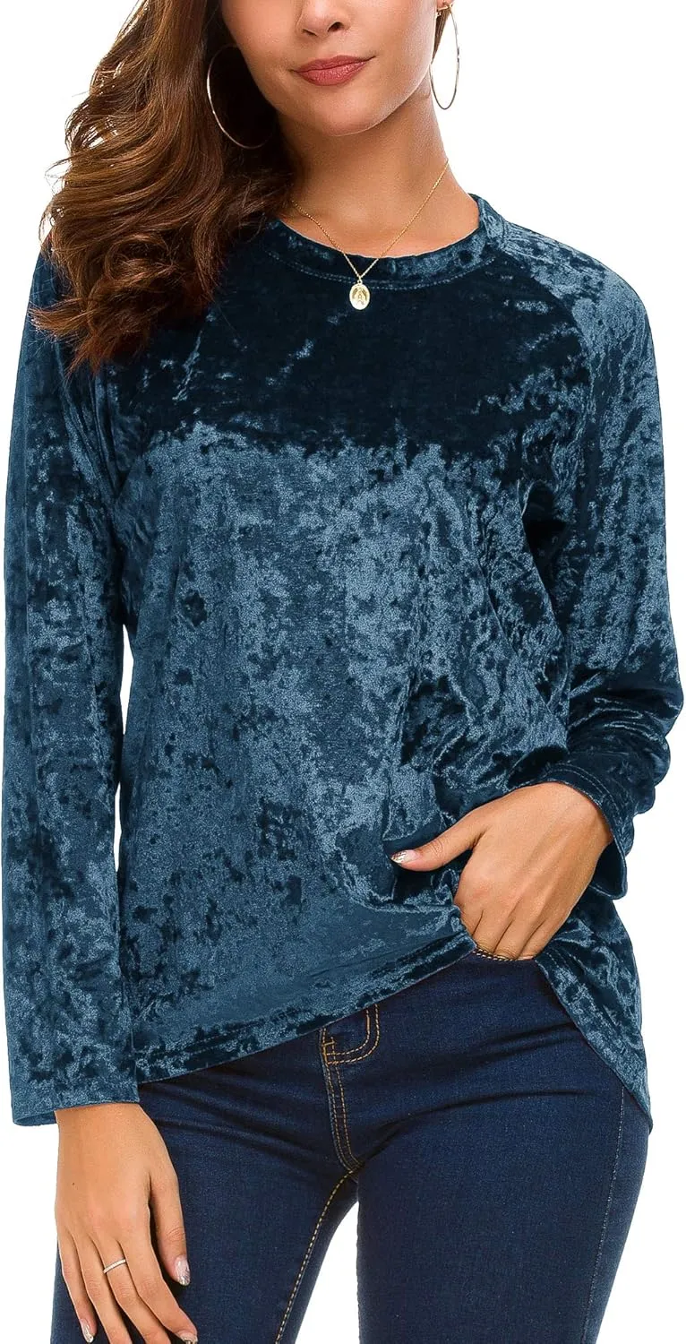 Women's Vintage Velvet T-Shirt Casual Long Sleeve Top