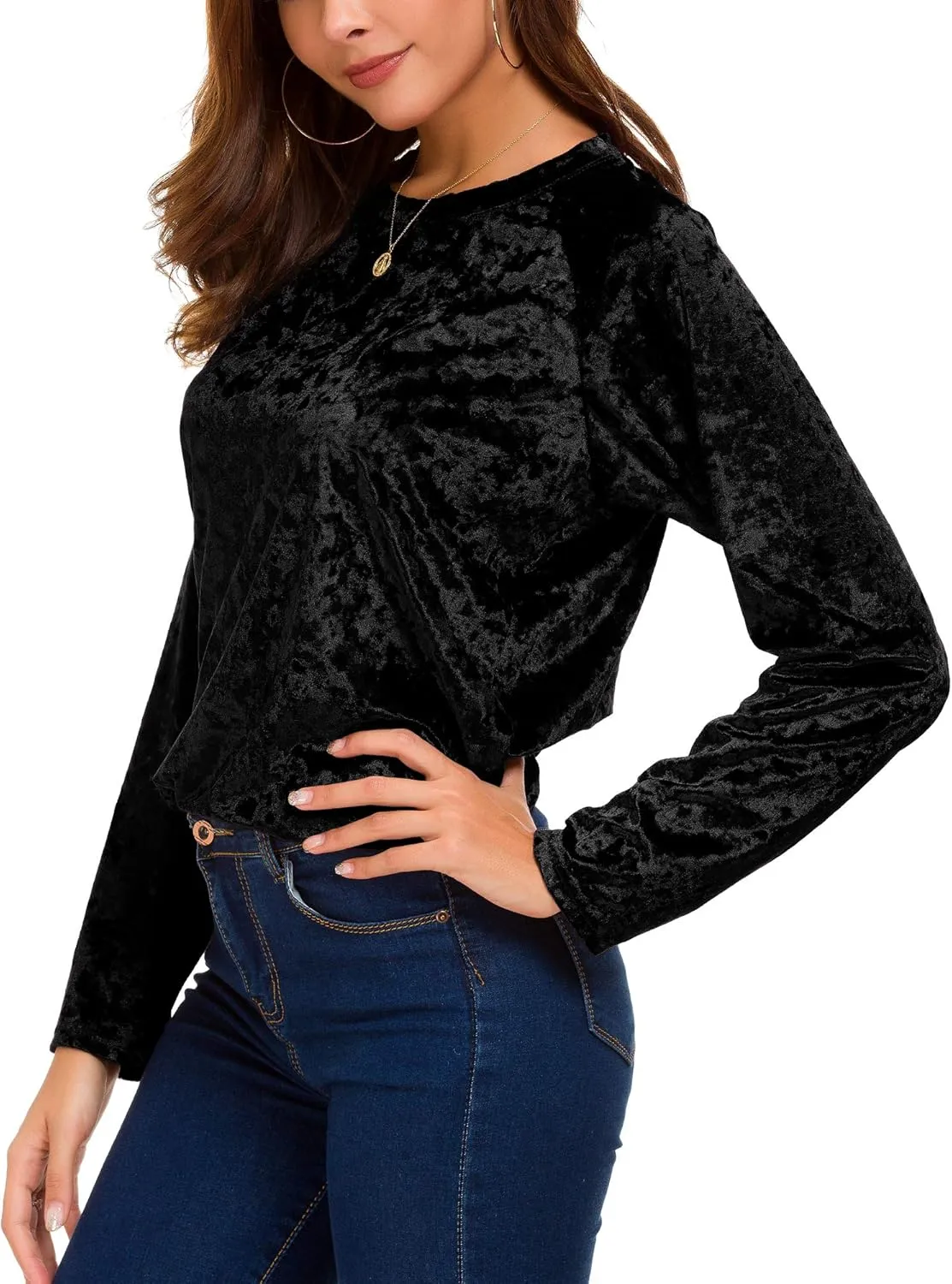 Women's Vintage Velvet T-Shirt Casual Long Sleeve Top