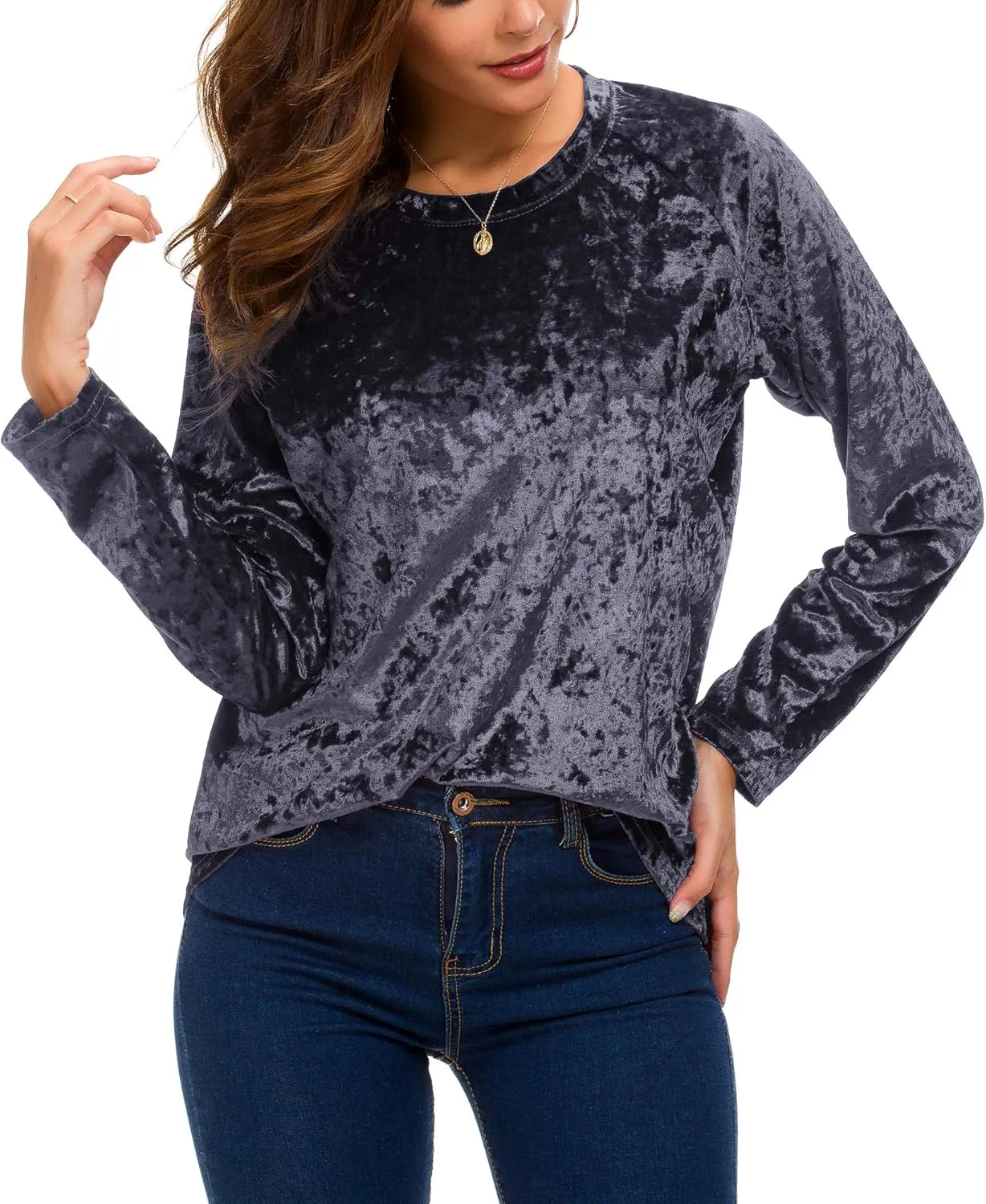Women's Vintage Velvet T-Shirt Casual Long Sleeve Top