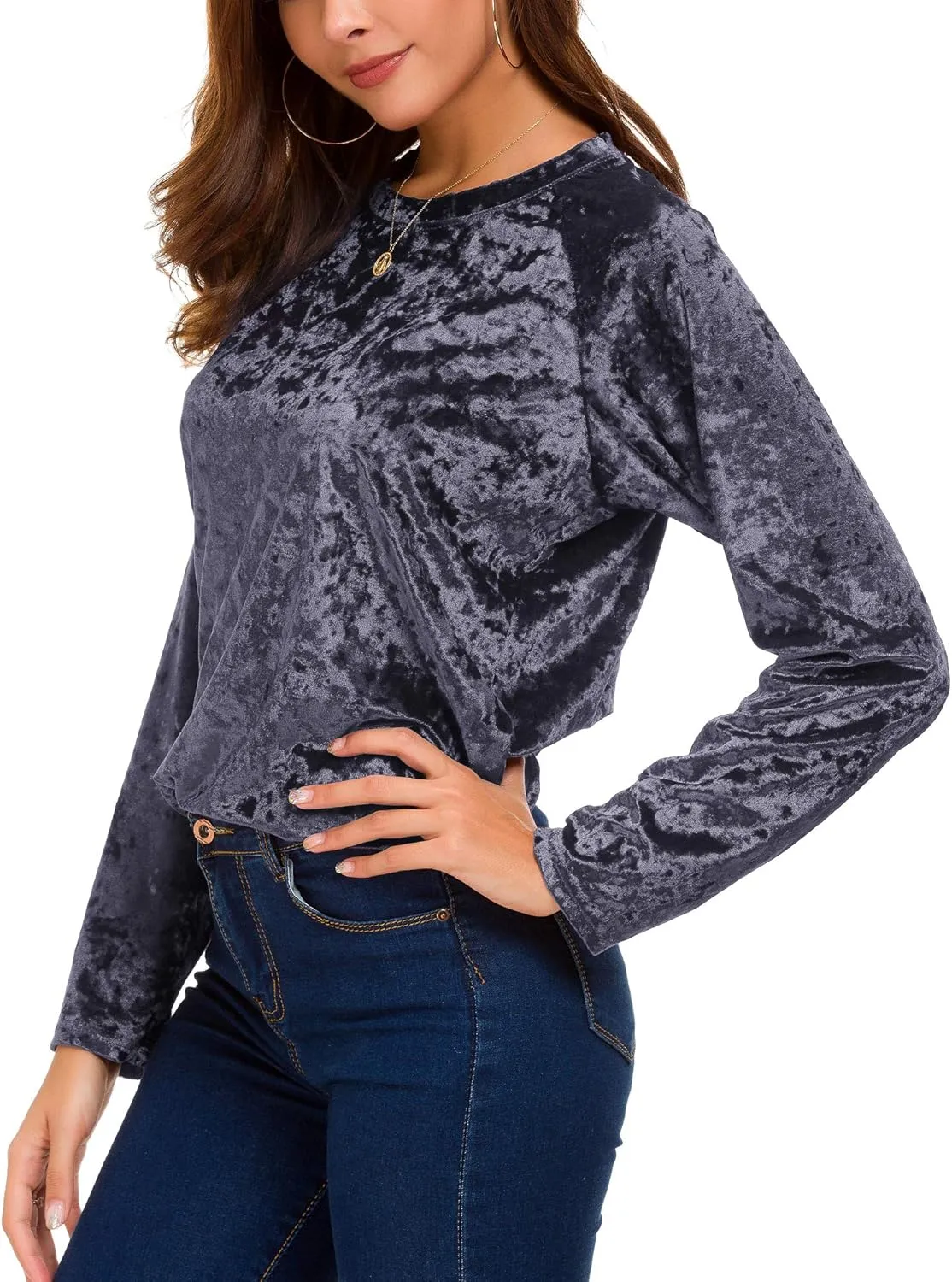 Women's Vintage Velvet T-Shirt Casual Long Sleeve Top