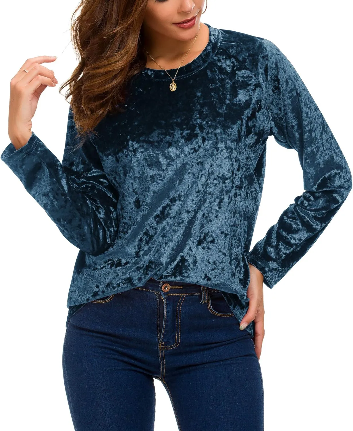 Women's Vintage Velvet T-Shirt Casual Long Sleeve Top