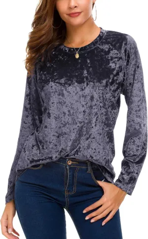 Women's Vintage Velvet T-Shirt Casual Long Sleeve Top