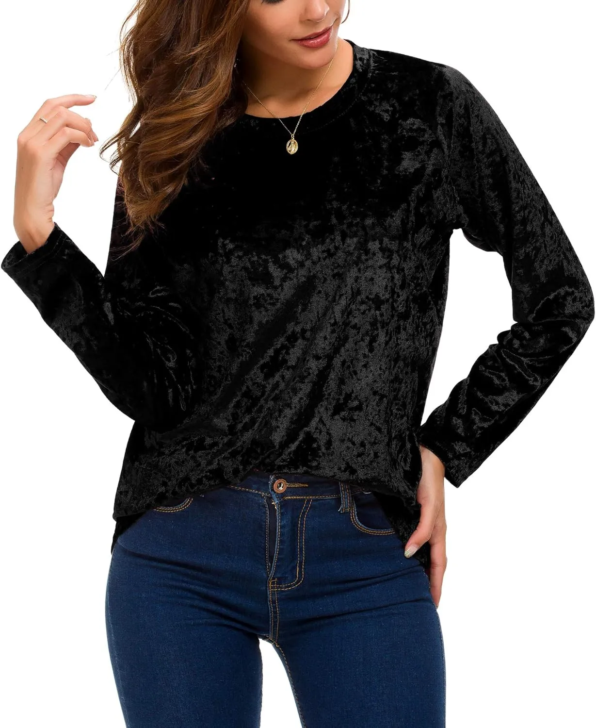 Women's Vintage Velvet T-Shirt Casual Long Sleeve Top
