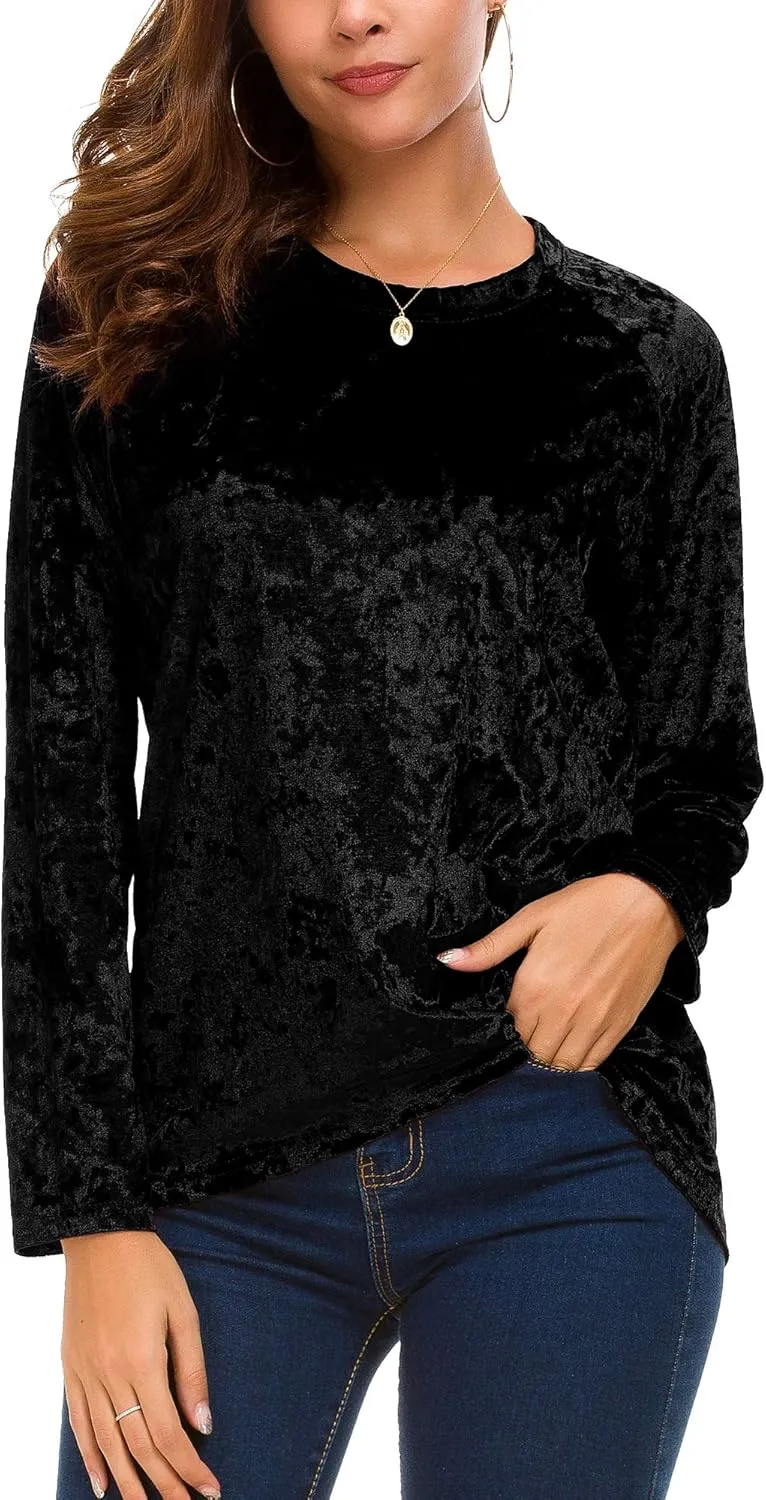 Women's Vintage Velvet T-Shirt Casual Long Sleeve Top