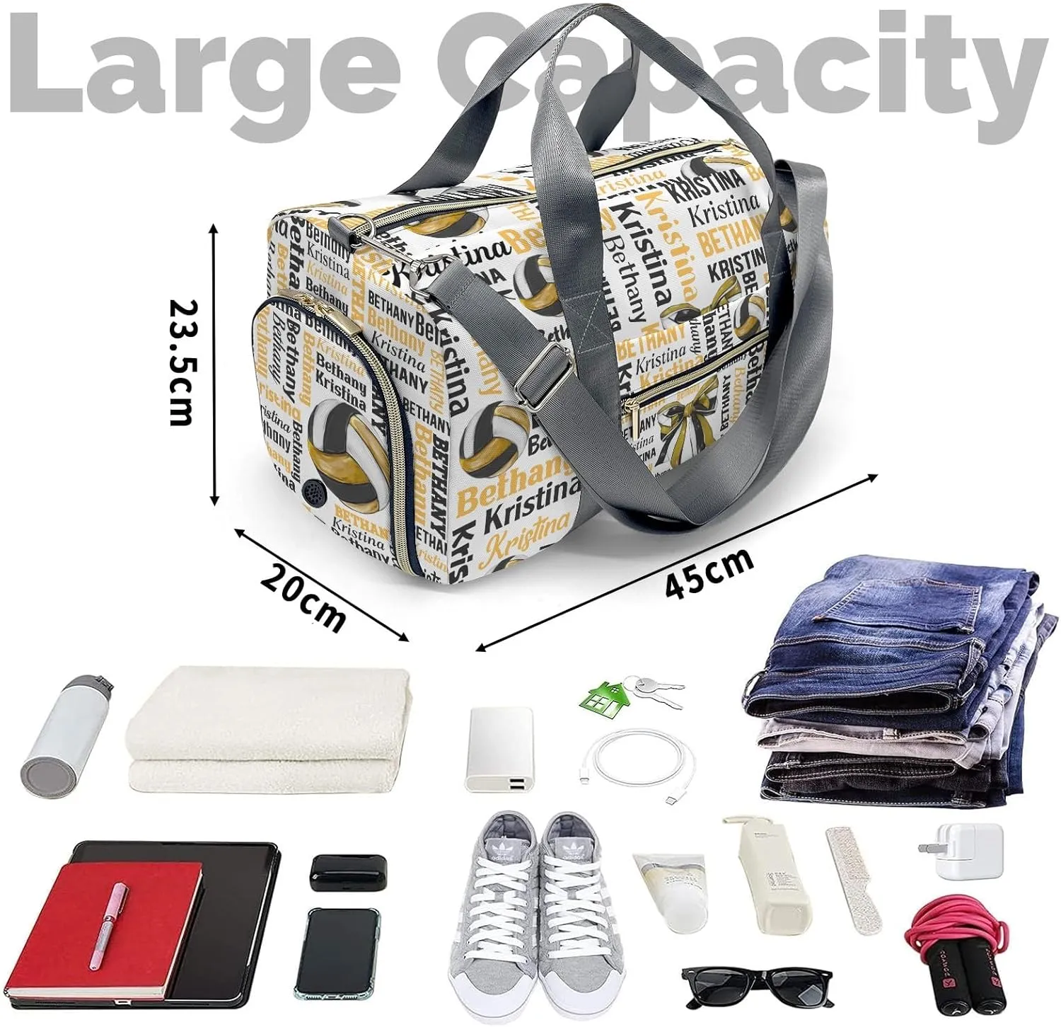 Word Cloud Name Text Gym Bags Travel Duffle Bag, Lightweight Weekender Duffel Bag With Shoe Compartment, Personalized Name Volleyball Workout Duffle Sports Bag for Travel Yoga