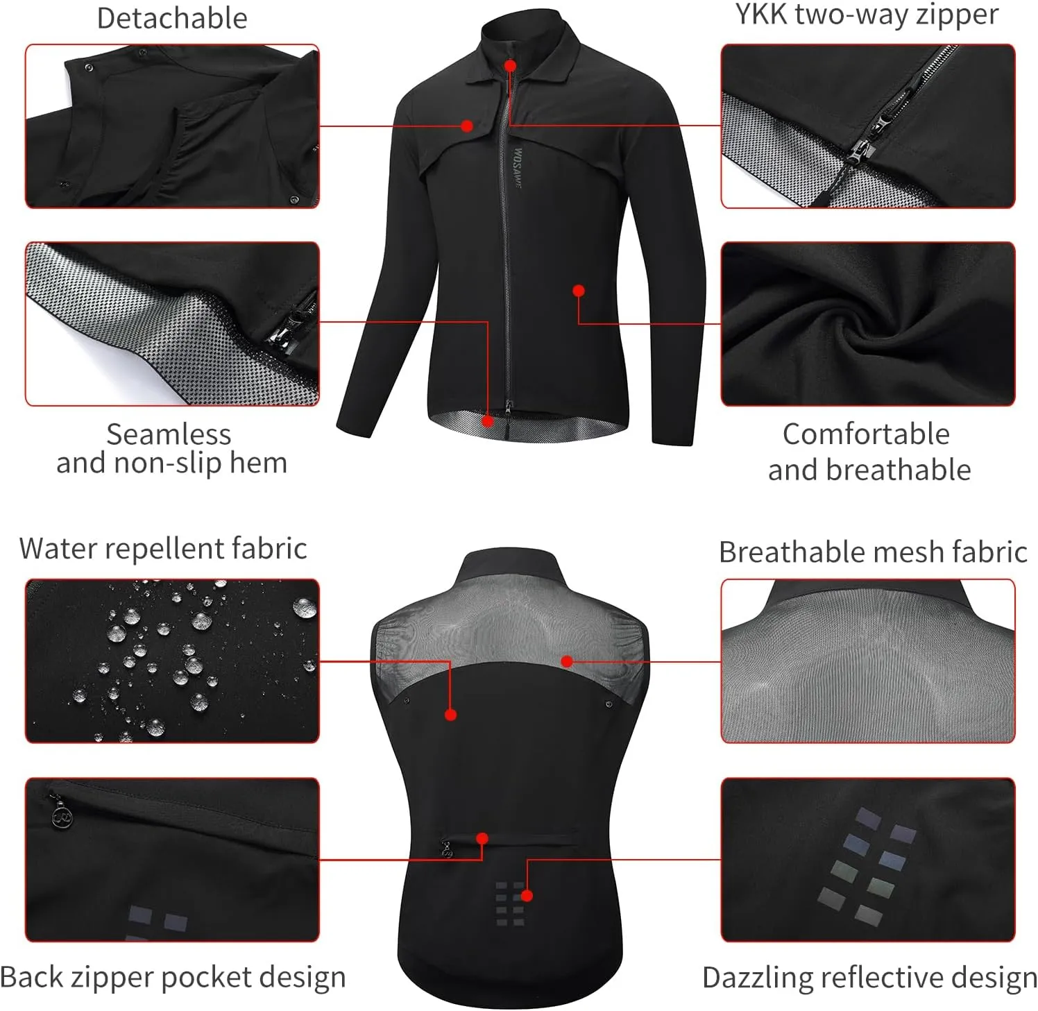 WOSAWE 2 in 1 Cycling Jacket Men Convertible Biking Vest Lightweight Reflective Windbreaker