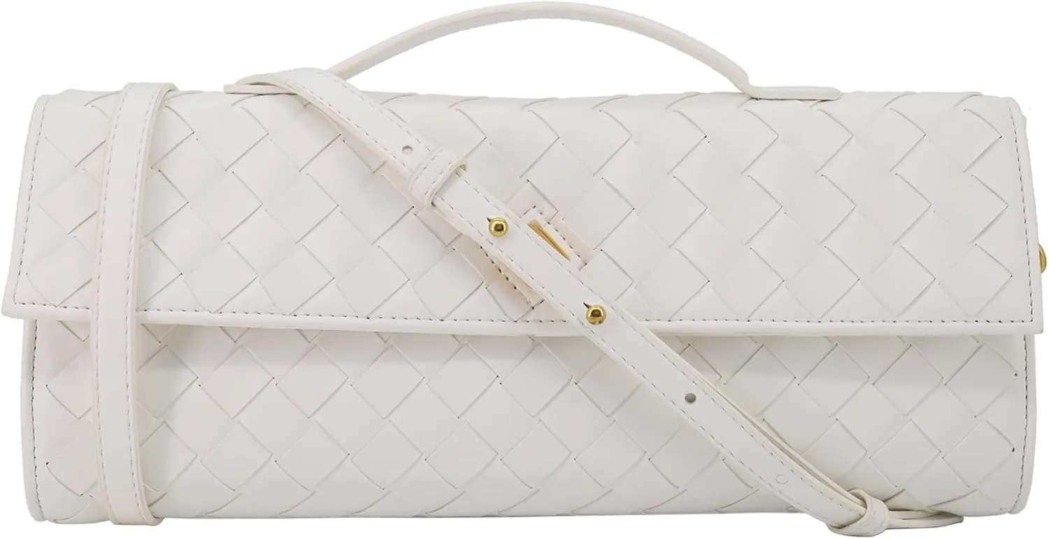 Woven Clutch Purse for Women Designer Shoulder Handbag Leather Crossbody Evening Bag with Detachable Chain
