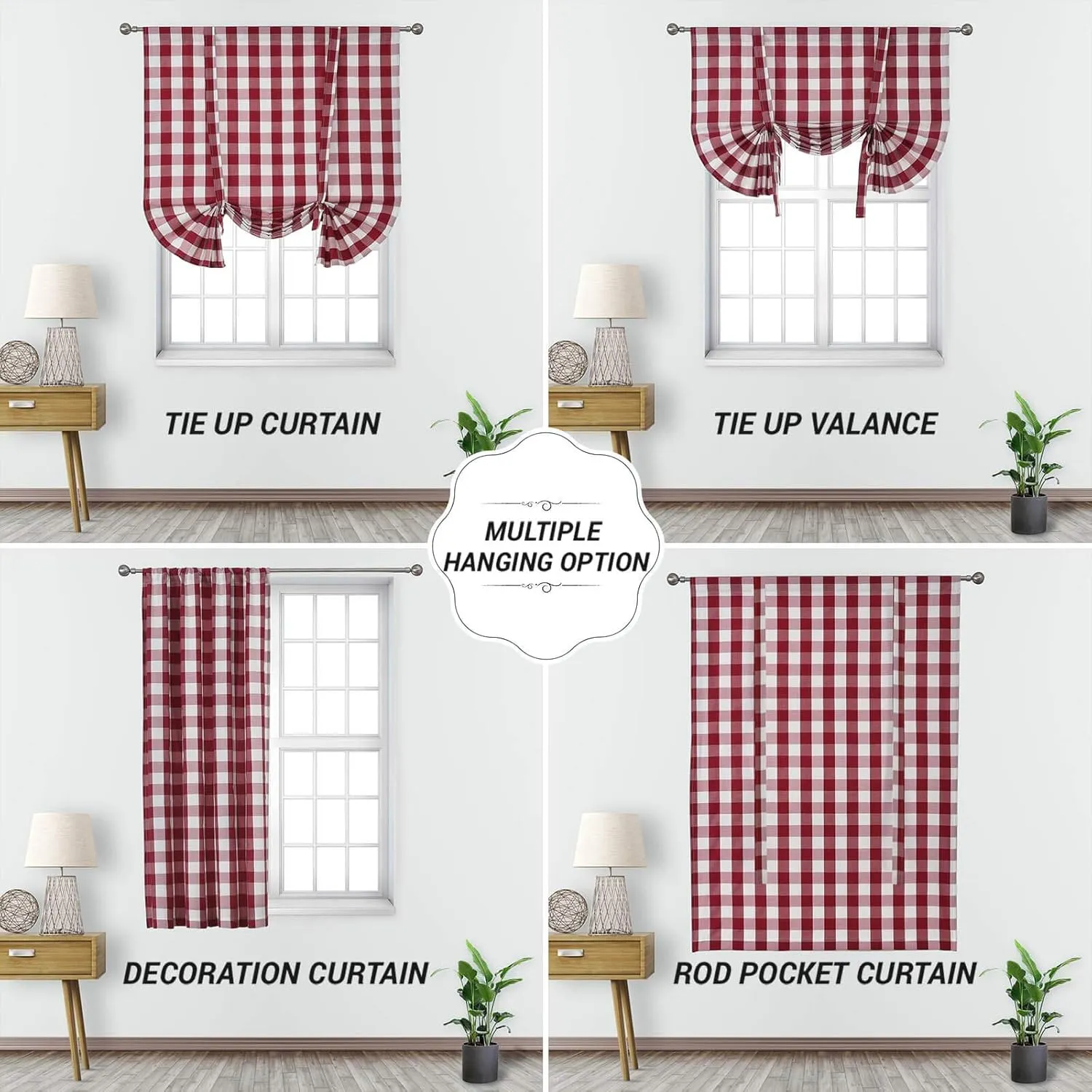 WUBODTI Christmas Red and White Curtains Buffalo Plaid Tie Up Roman Curtains 63 Inches Long for Kitchen Small Windows, Adjustable Check Gingham Balloon Shade Curtain for Farmhouse Bathroom