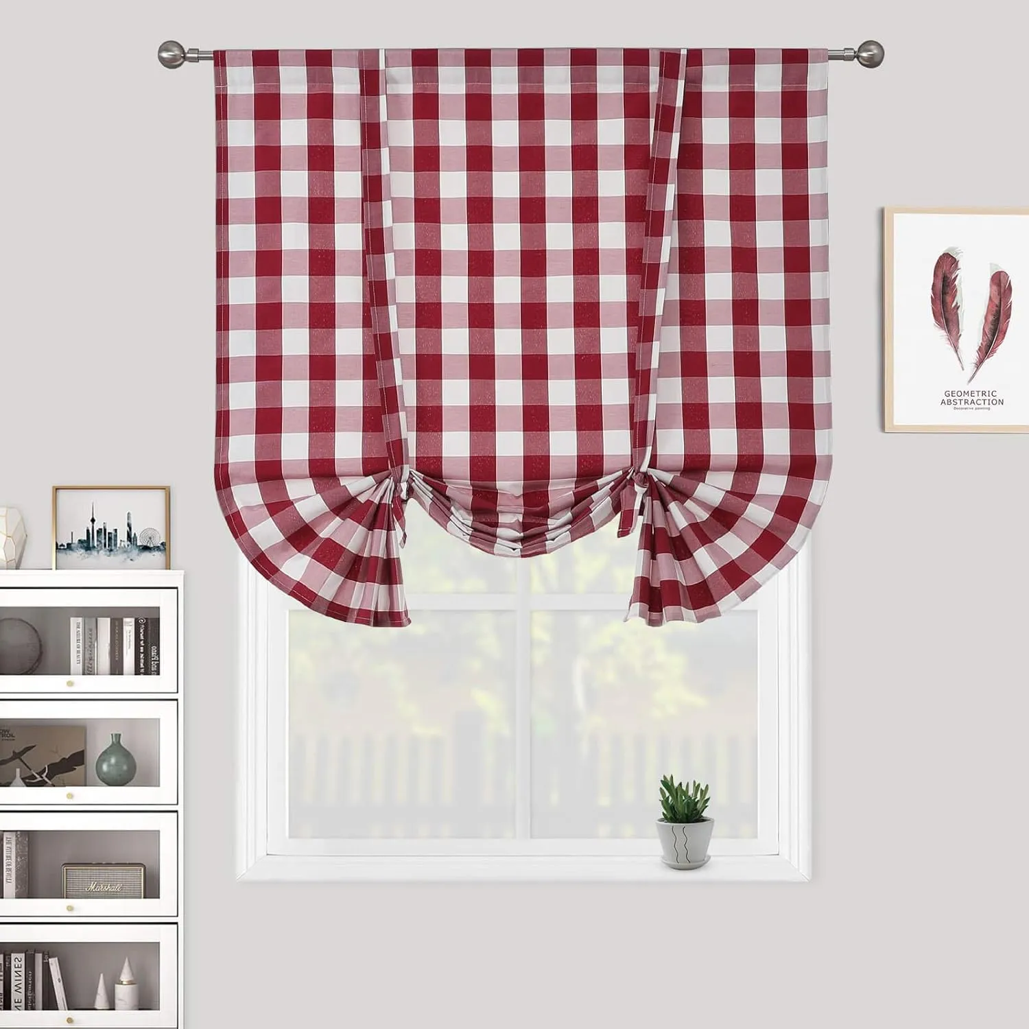 WUBODTI Christmas Red and White Curtains Buffalo Plaid Tie Up Roman Curtains 63 Inches Long for Kitchen Small Windows, Adjustable Check Gingham Balloon Shade Curtain for Farmhouse Bathroom