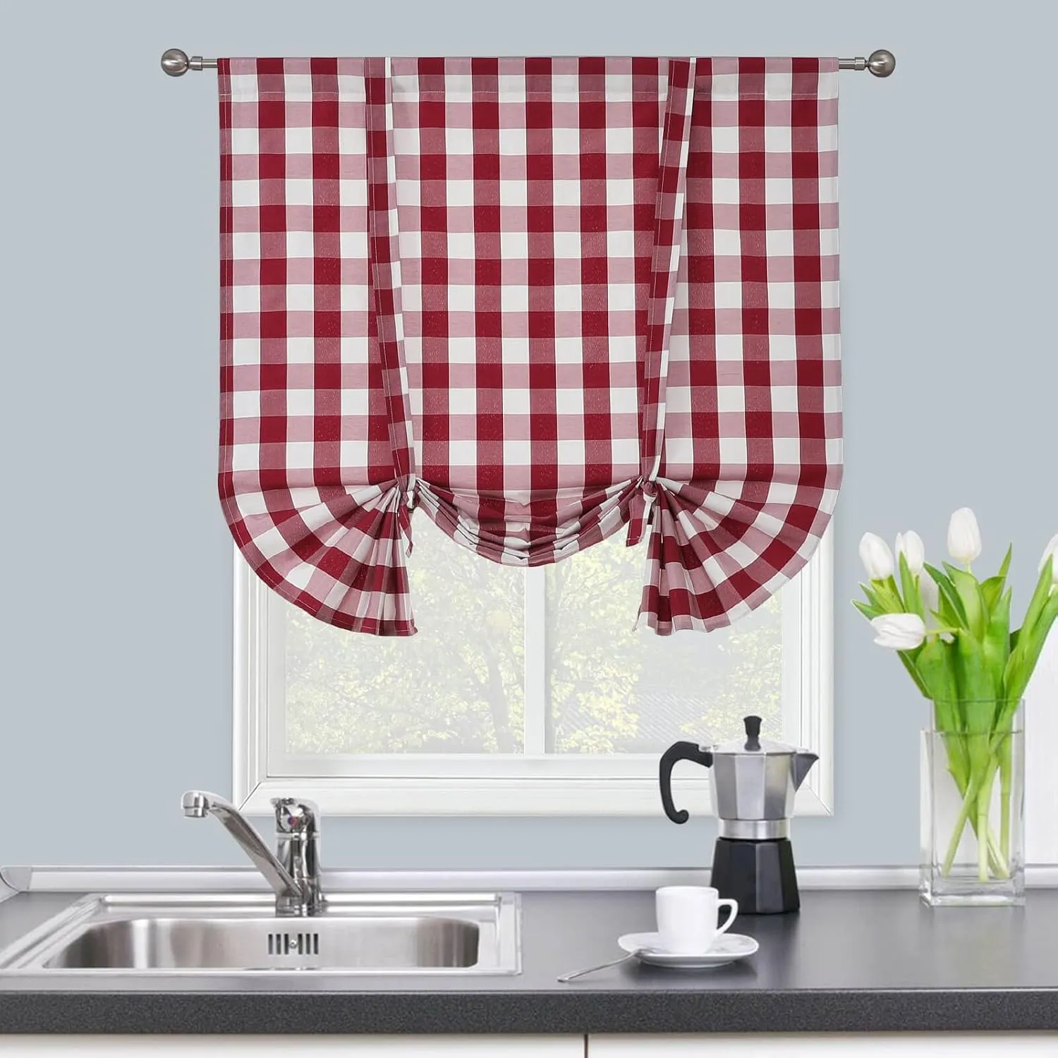 WUBODTI Christmas Red and White Curtains Buffalo Plaid Tie Up Roman Curtains 63 Inches Long for Kitchen Small Windows, Adjustable Check Gingham Balloon Shade Curtain for Farmhouse Bathroom