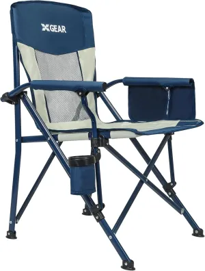 XGEAR Camping Chairs for Adults Support 350LBS Sturdy Mesh Back Camp Chair with Metal Armrests, Cup Holder, Storage Pockets(Blue/Grey)