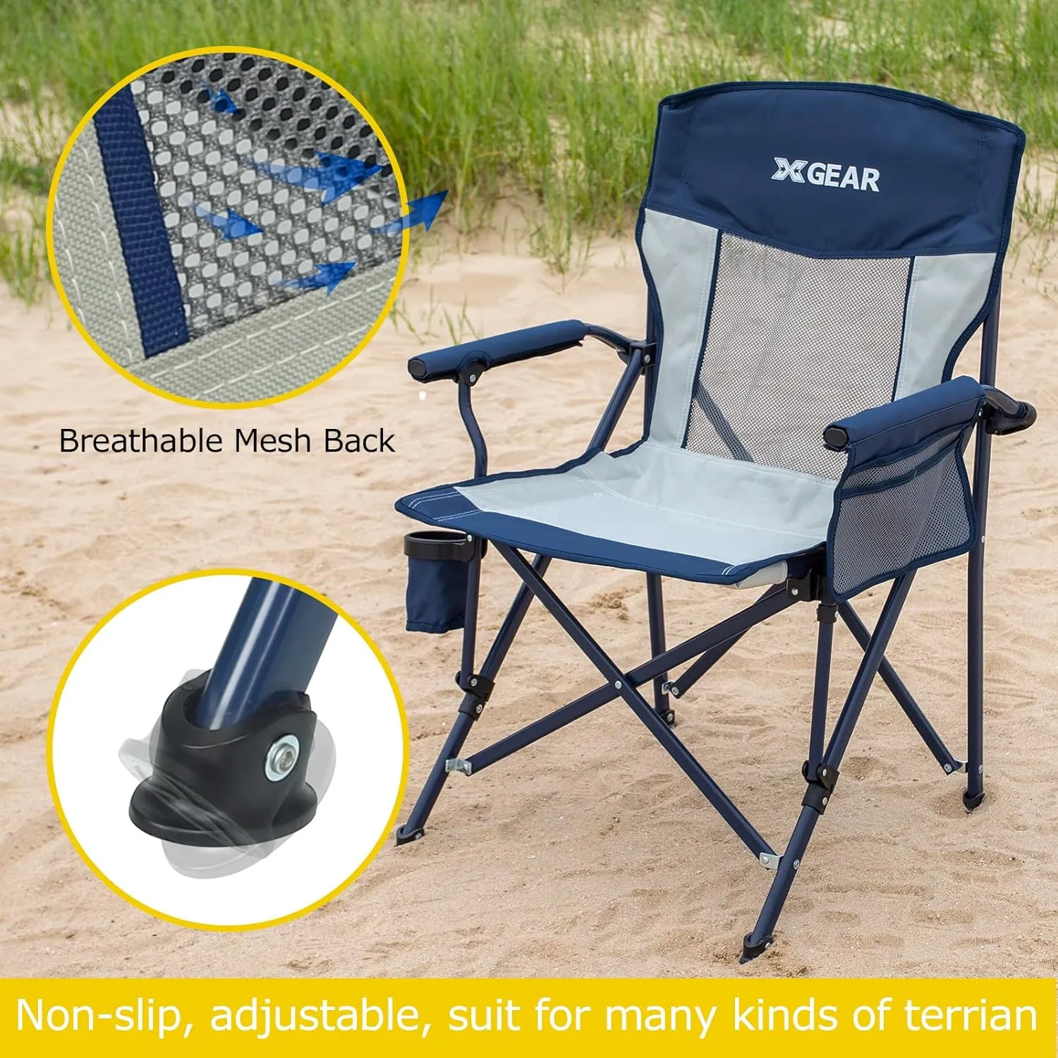 XGEAR Camping Chairs for Adults Support 350LBS Sturdy Mesh Back Camp Chair with Metal Armrests, Cup Holder, Storage Pockets(Blue/Grey)