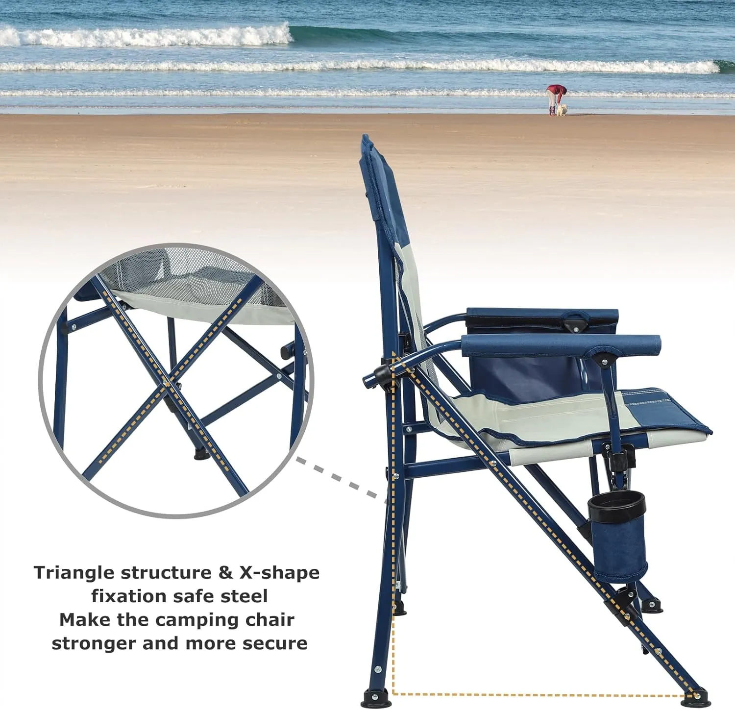 XGEAR Camping Chairs for Adults Support 350LBS Sturdy Mesh Back Camp Chair with Metal Armrests, Cup Holder, Storage Pockets(Blue/Grey)
