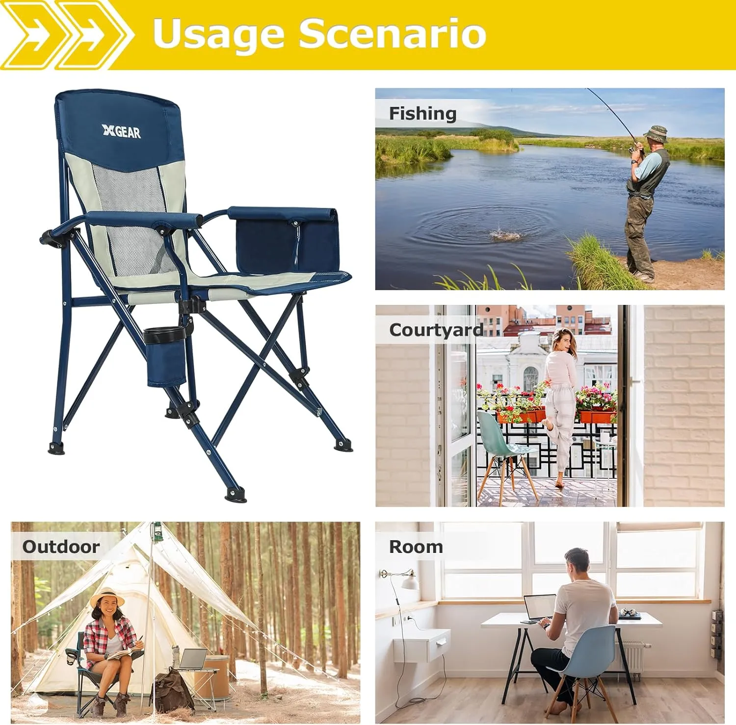 XGEAR Camping Chairs for Adults Support 350LBS Sturdy Mesh Back Camp Chair with Metal Armrests, Cup Holder, Storage Pockets(Blue/Grey)