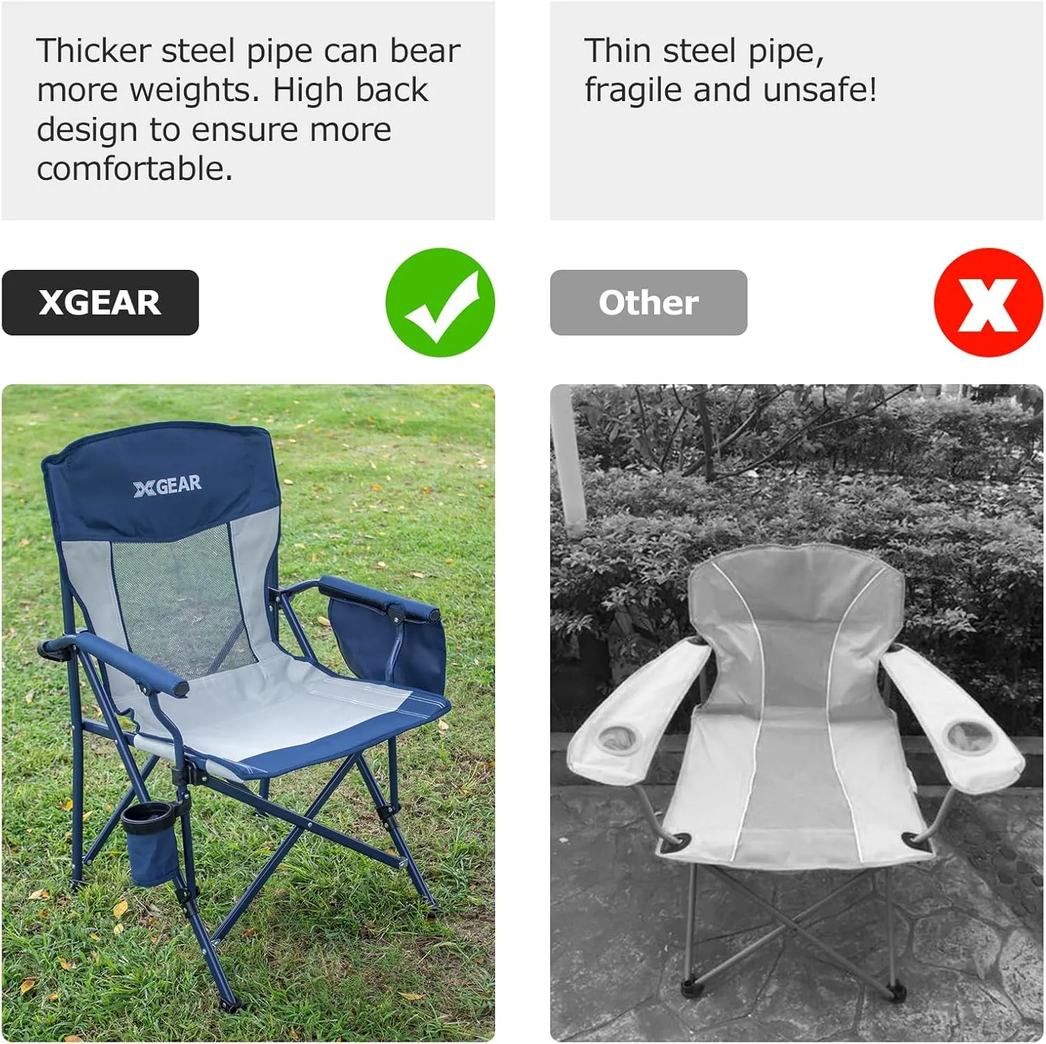 XGEAR Camping Chairs for Adults Support 350LBS Sturdy Mesh Back Camp Chair with Metal Armrests, Cup Holder, Storage Pockets(Blue/Grey)