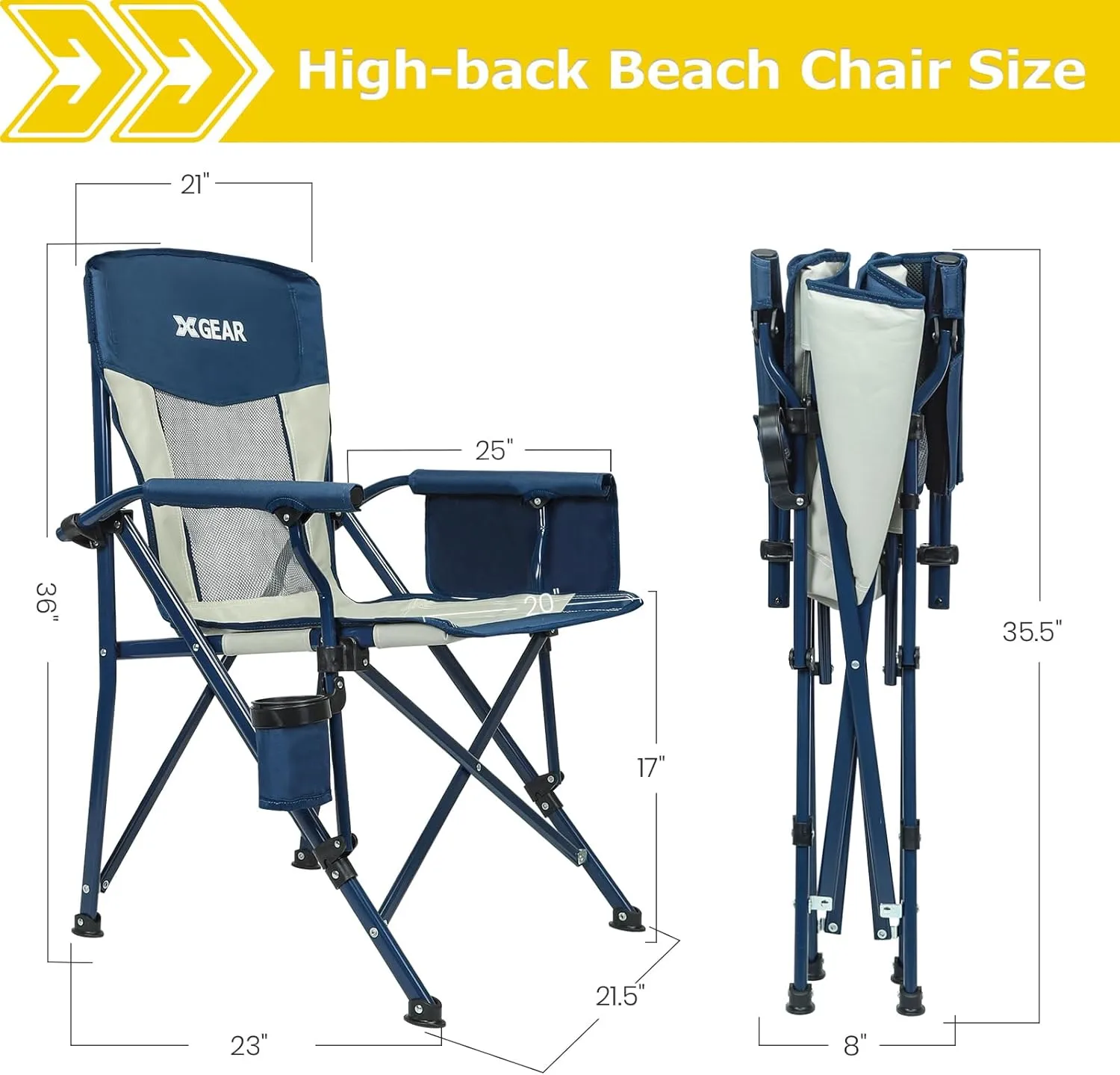 XGEAR Camping Chairs for Adults Support 350LBS Sturdy Mesh Back Camp Chair with Metal Armrests, Cup Holder, Storage Pockets(Blue/Grey)