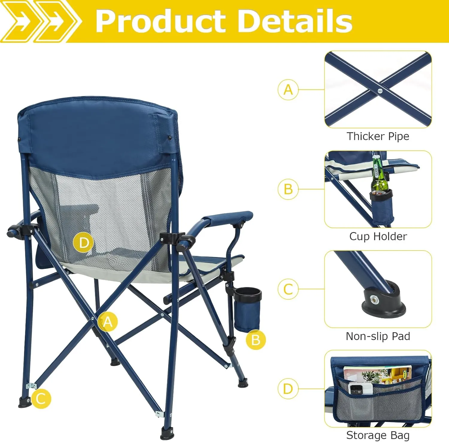 XGEAR Camping Chairs for Adults Support 350LBS Sturdy Mesh Back Camp Chair with Metal Armrests, Cup Holder, Storage Pockets(Blue/Grey)