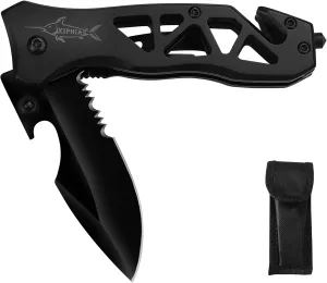 XIPHIAS Tactical Folding Knife - D2 Steel Blade, Glass Breaker/Bottle Opener/Rope Cutter, Multifunctional EDC Survival Tool for Camping, Hiking, Fishing - FK051-D2