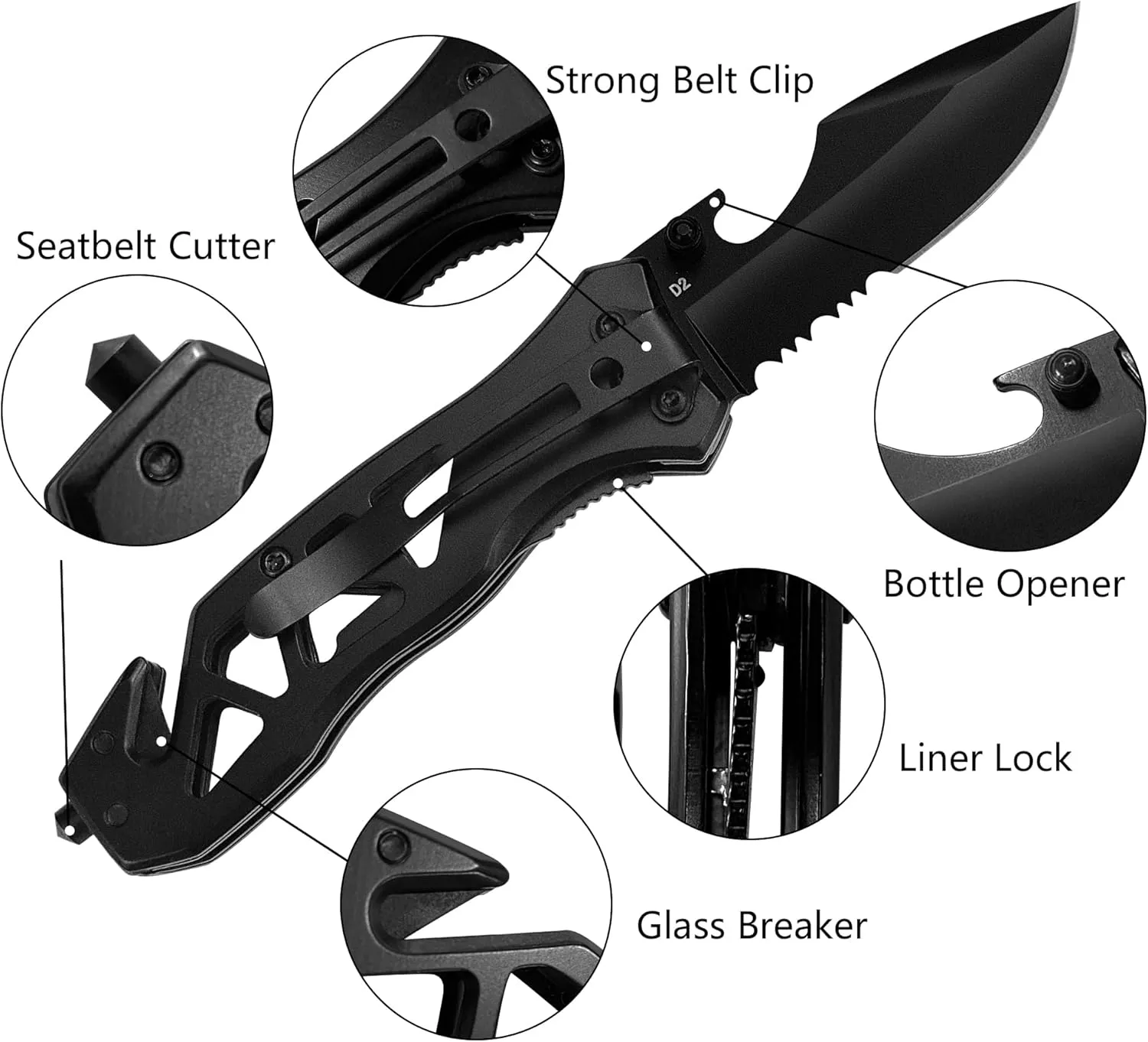 XIPHIAS Tactical Folding Knife - D2 Steel Blade, Glass Breaker/Bottle Opener/Rope Cutter, Multifunctional EDC Survival Tool for Camping, Hiking, Fishing - FK051-D2