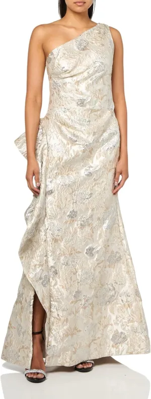 Xscape Women's One Shoulder Jaquard Side Ruffle Slit Gown, Champagne, 8