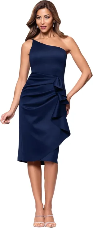 Xscape Women's Sleeveless One Shoulder Scuba Ruffle Midi Dress