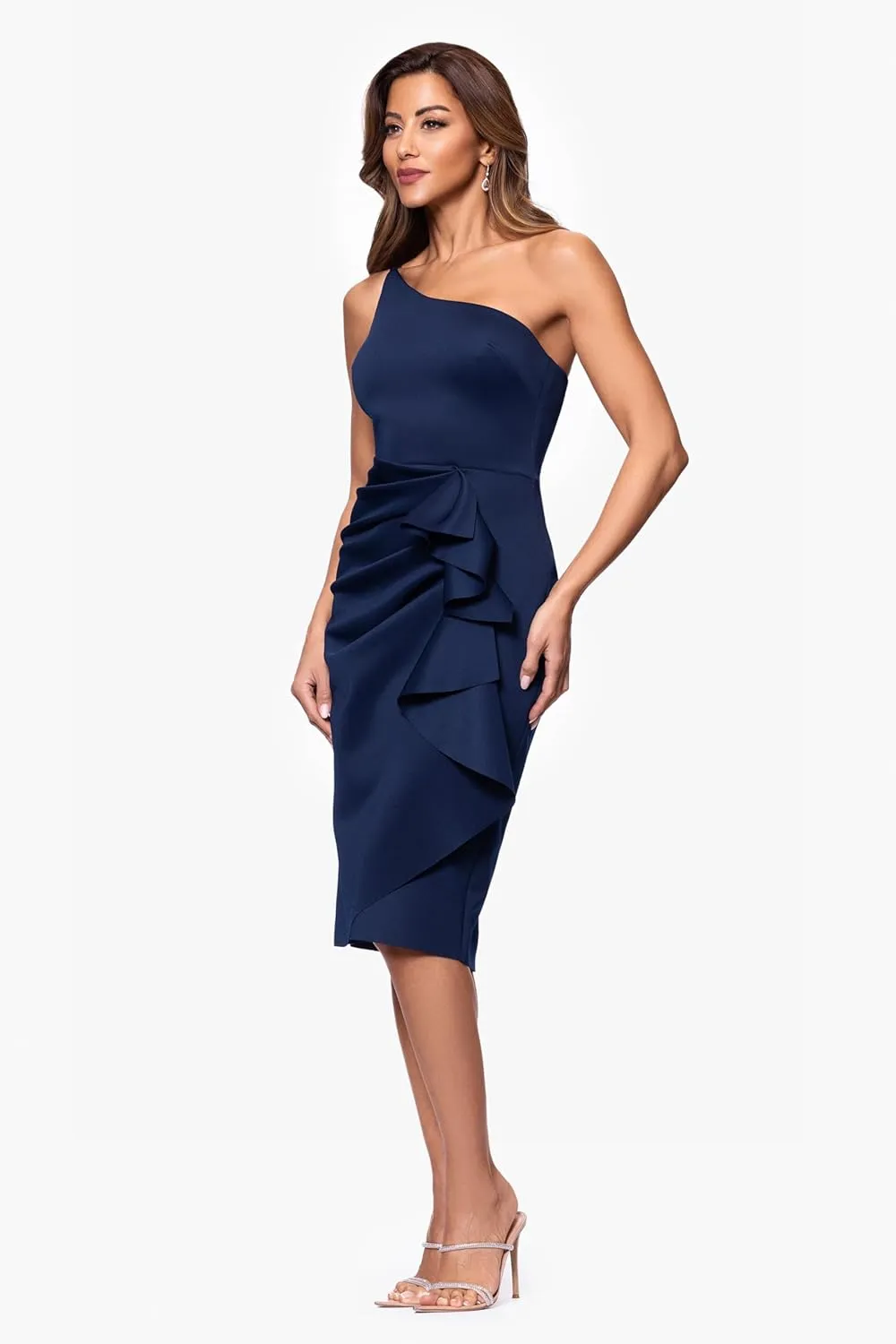 Xscape Women's Sleeveless One Shoulder Scuba Ruffle Midi Dress